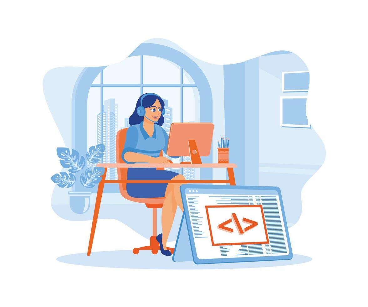 Young woman wearing headphones while working from home. Developing software on computers. Software developers concept. Flat vector illustration.