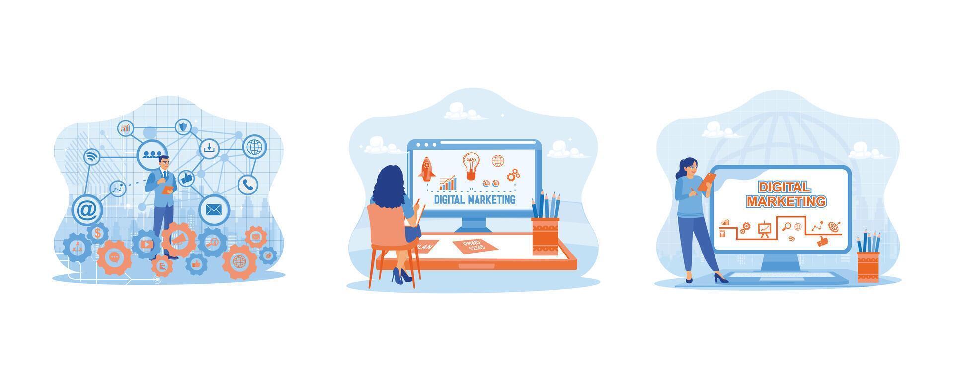 Mature man working in a modern office. Young woman sitting in front of computer and smart phone. Business innovation technology concept to increase marketing targets. vector