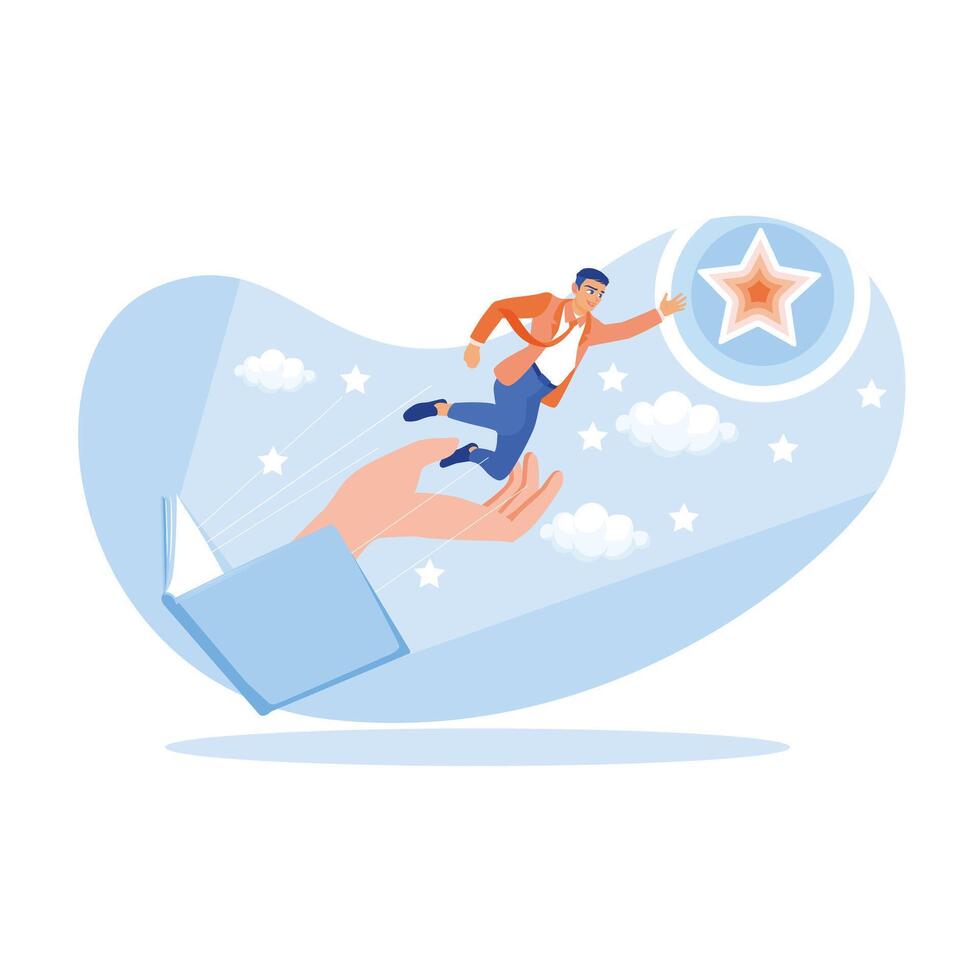 Open book with hands holding a man trying to reach the stars in the sky. Motivational concept towards success. Career Development concept.  trend flat vector modern illustration