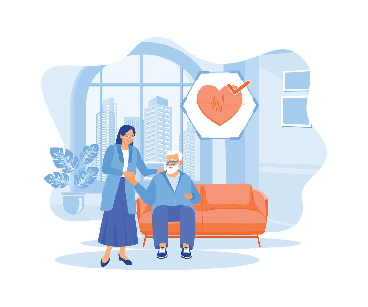 Thank you, doctor. Older man holding female doctor's hand. Doctor Talking To Elderly Patient Concept. Flat vector illustration.