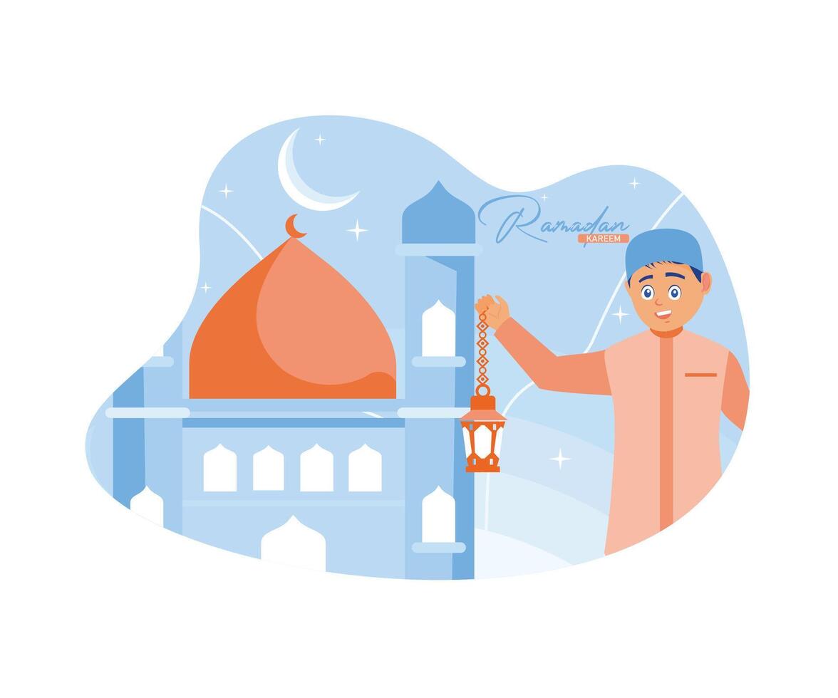 chico participación un linterna. mezquitas, estrellas, y un creciente Luna son en el antecedentes. Ramadán kareem y Ramadán Mubarak saludo diseño concepto. plano vector moderno ilustración