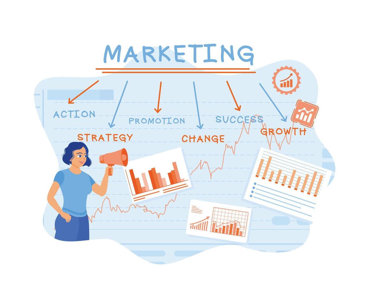 Women create marketing concepts with financial graphs and charts on whiteboards. Marketing concept.  flat vector modern illustration