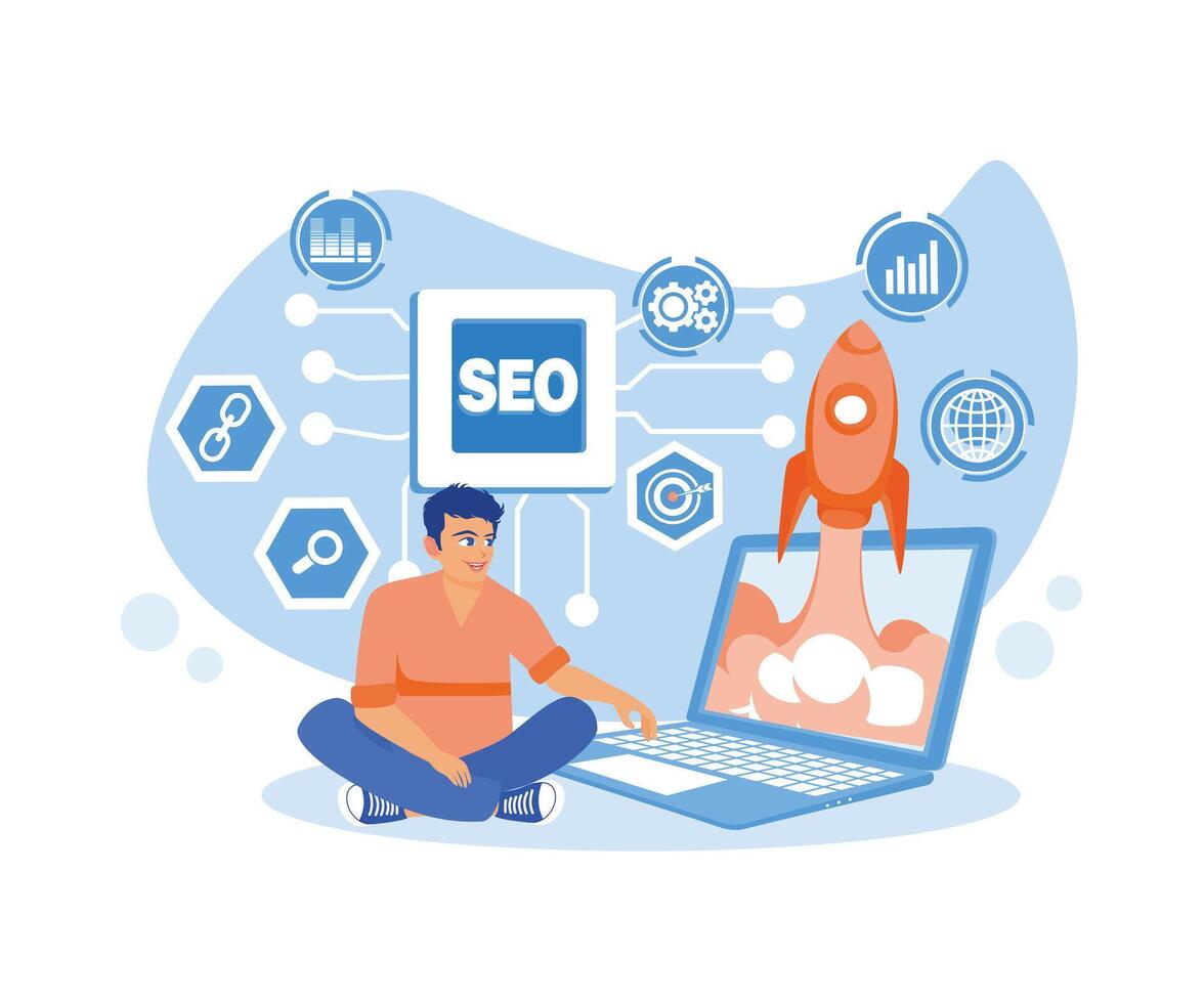 The man is using a laptop to increase traffic ranking on the website. SEO rocket hologram flying from the laptop screen. SEO concept. Flat vector illustration.
