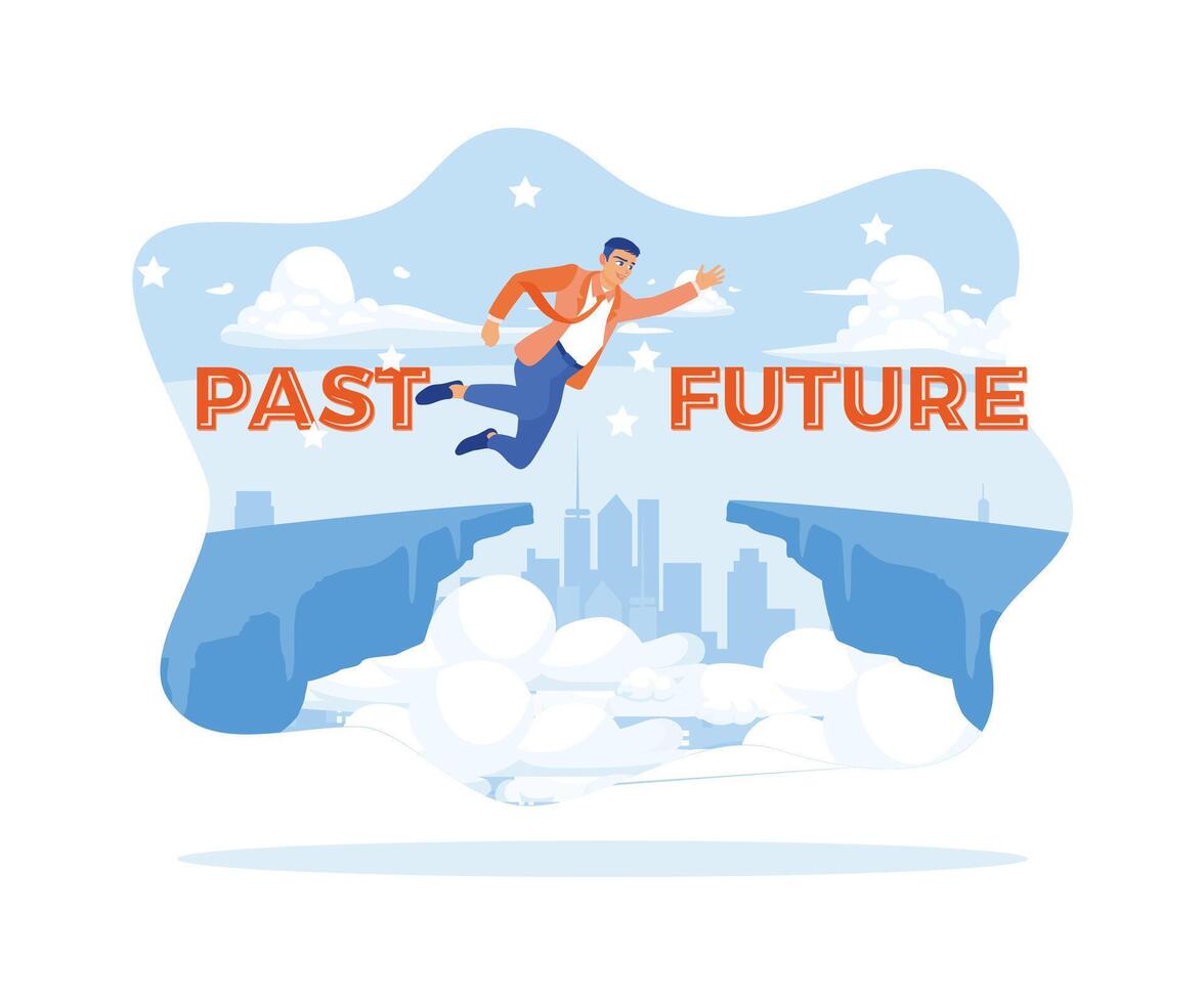 A grown man jumps from the cliff of the past into the future. Keep trying to achieve success. Self-improvement concept. Flat vector illustration.