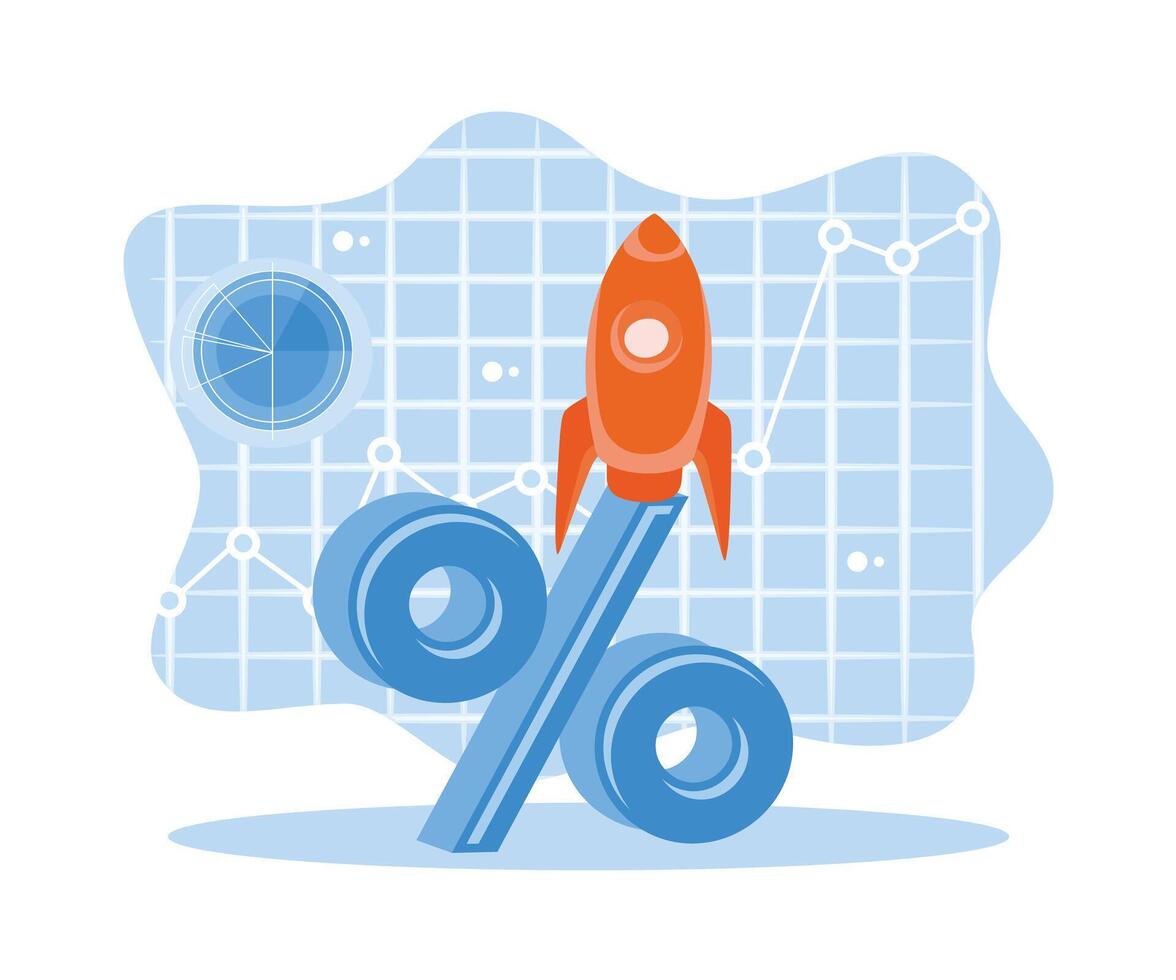 Rocket over the percentage sign. Corporate financial growth concept. Successful career take of concept. Flat vector illustration.