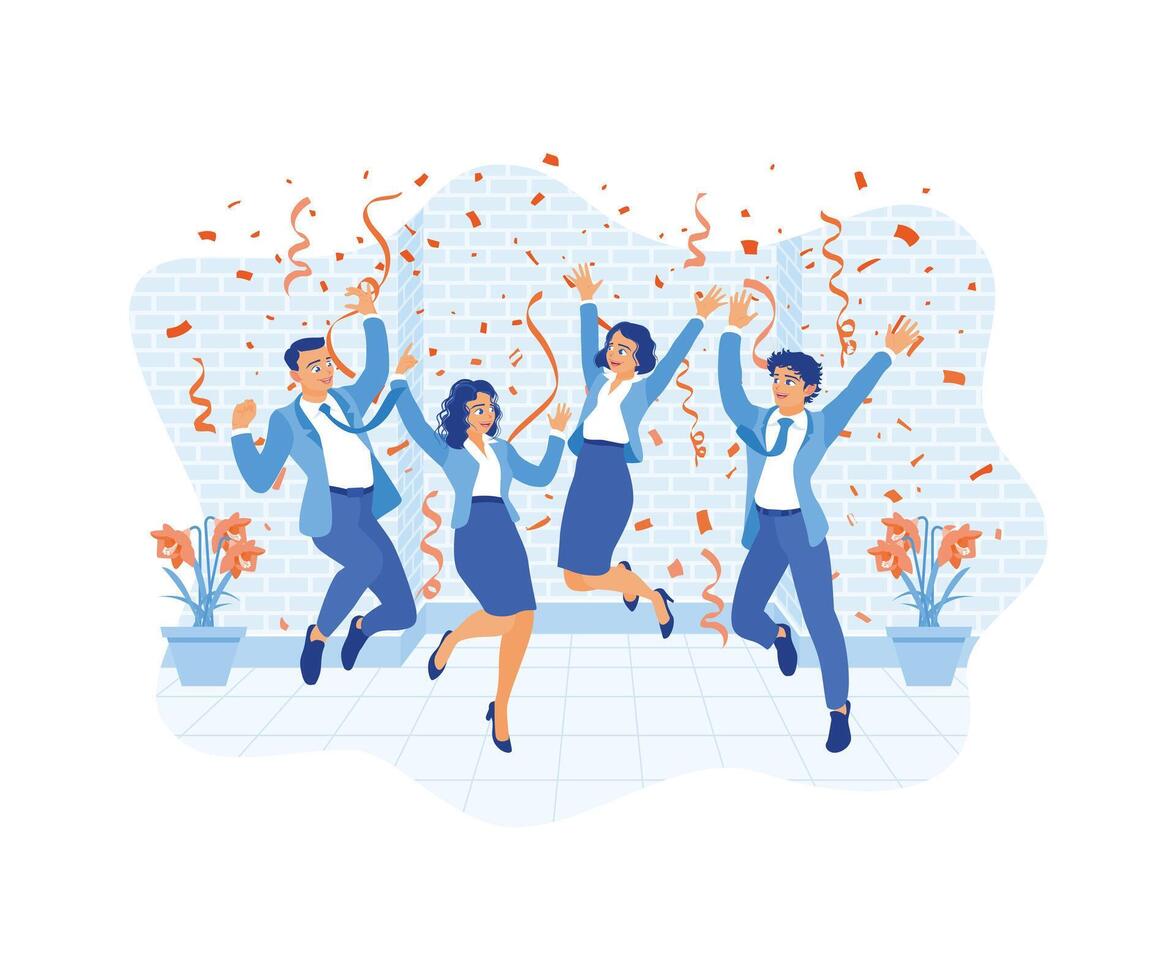 A group of businessmen celebrating a party. Have fun and dance together while throwing confetti. Celebration concept. Flat vector illustration.