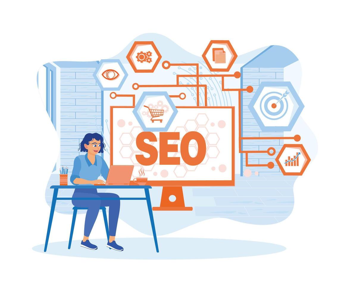 mujer de negocios trabajando desde hogar con seo icono en el computadora ordenador portátil pantalla. digital márketing estrategia a promover tráfico a sitios web seo concepto. tendencia moderno vector plano ilustración