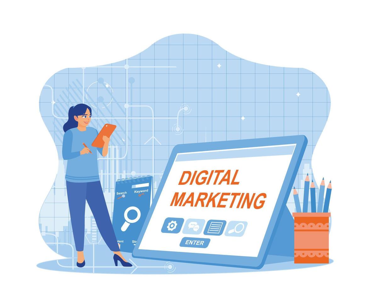 mujer crea un márketing concepto en el tableta pantalla. crear financiero informes en tu inteligente teléfono. digital márketing contenido concepto. tendencia plano vector moderno ilustración