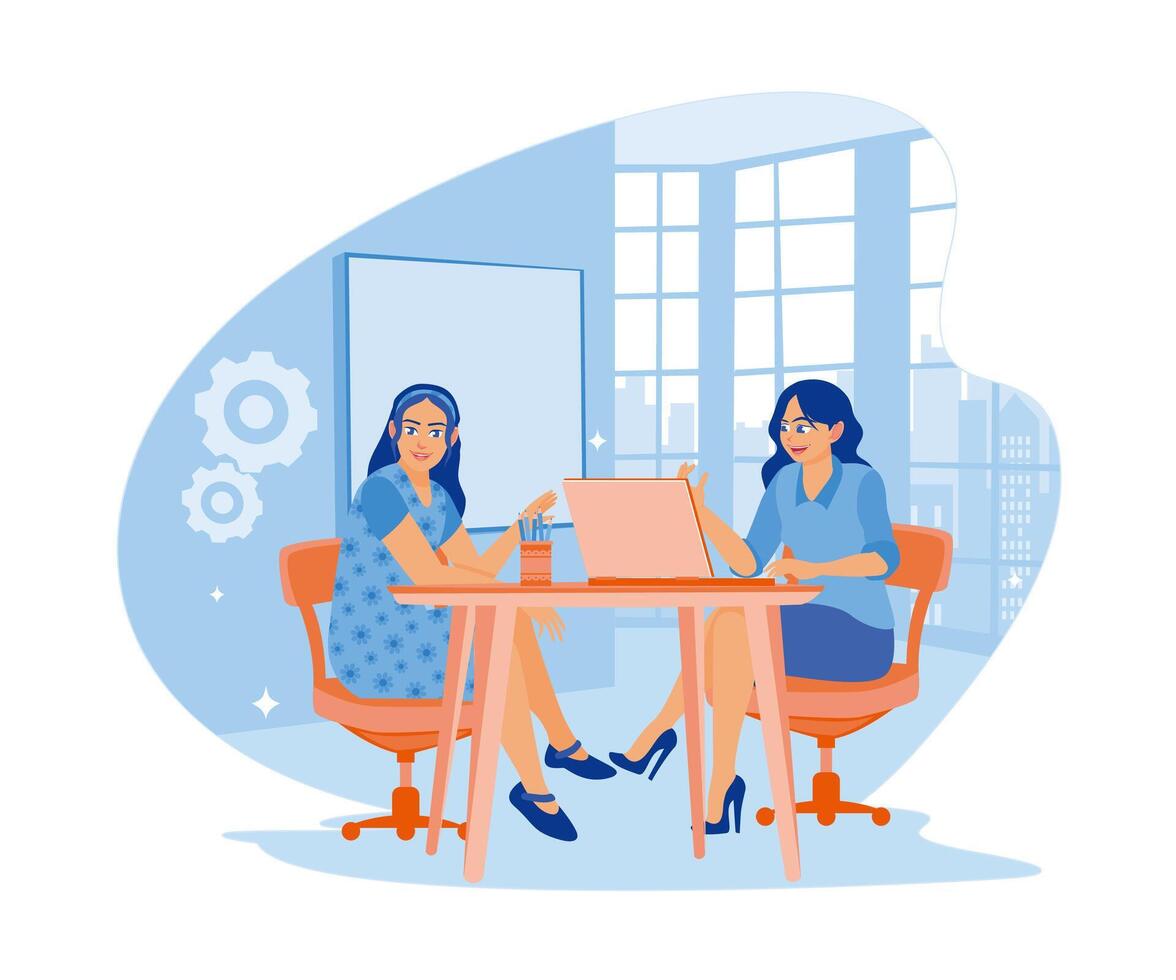 The businesswoman is working at the computer. A team of people sitting at a desk with laptops. flat vector modern illustration