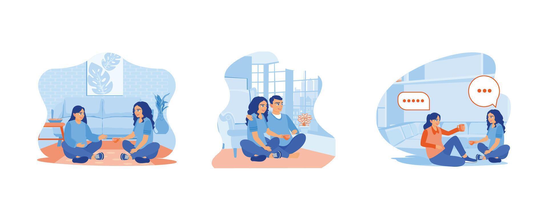 A young couple is sitting on the floor inside the house. Drink tea while chatting together. Two young women are discussing while drinking tea together. vector