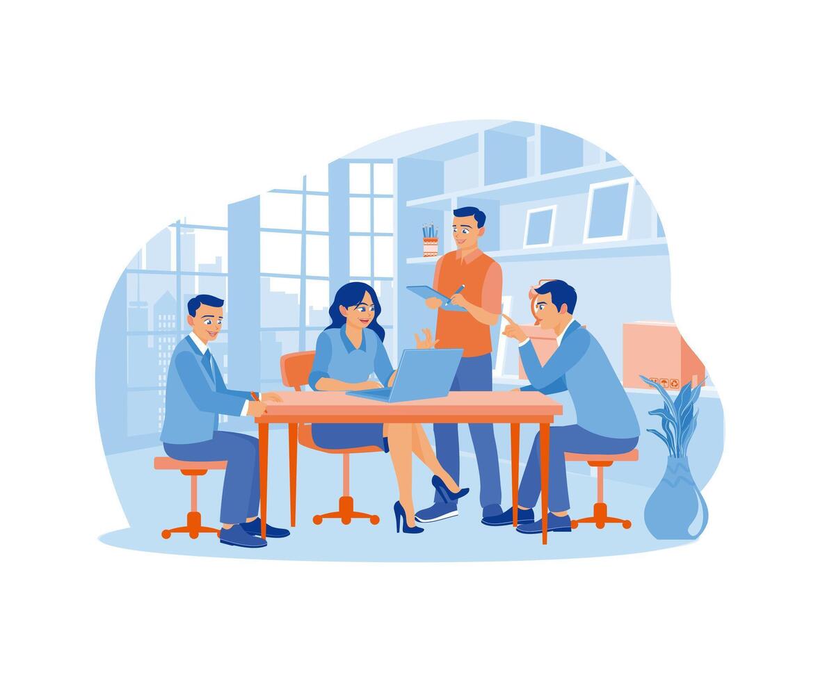 Business team meeting in office. A male worker is standing while holding documents. A team of people is sitting at desks with laptops.  flat vector modern illustration