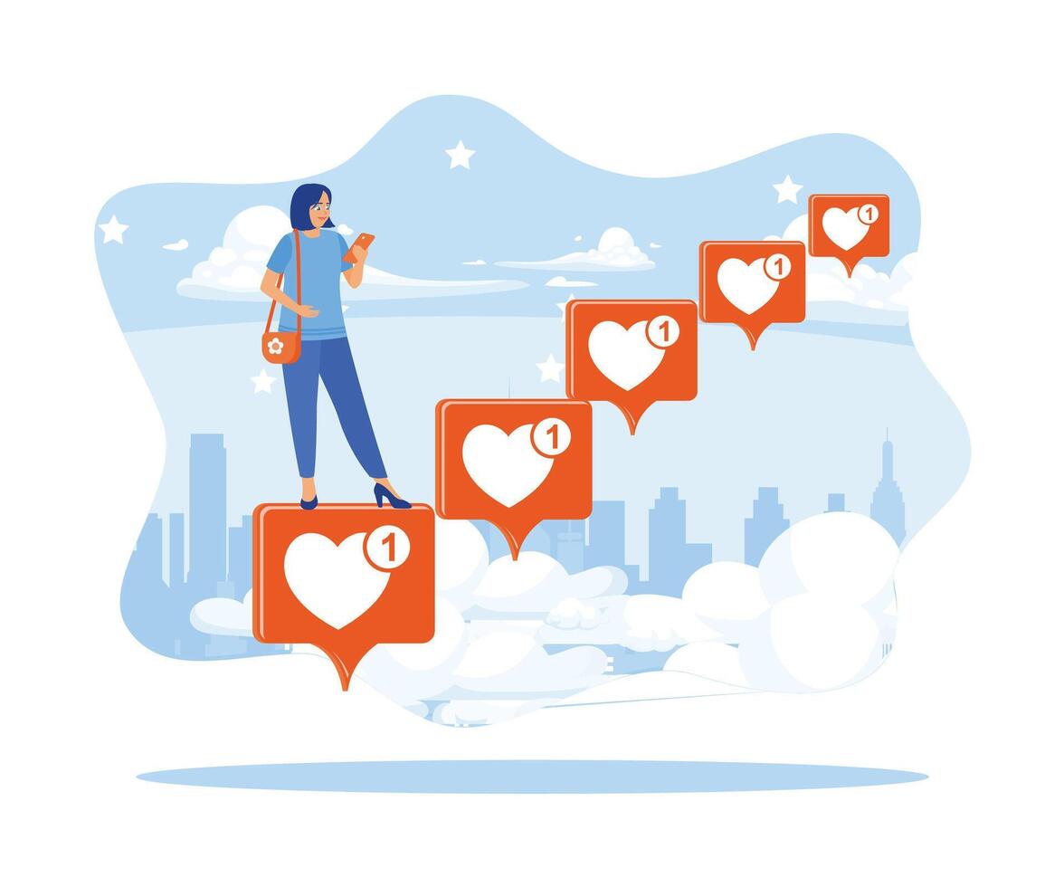 A young woman stands on the Instagram icon with a city view background. Typing on Instagram using a cellphone. Web design concept. Flat vector illustration.