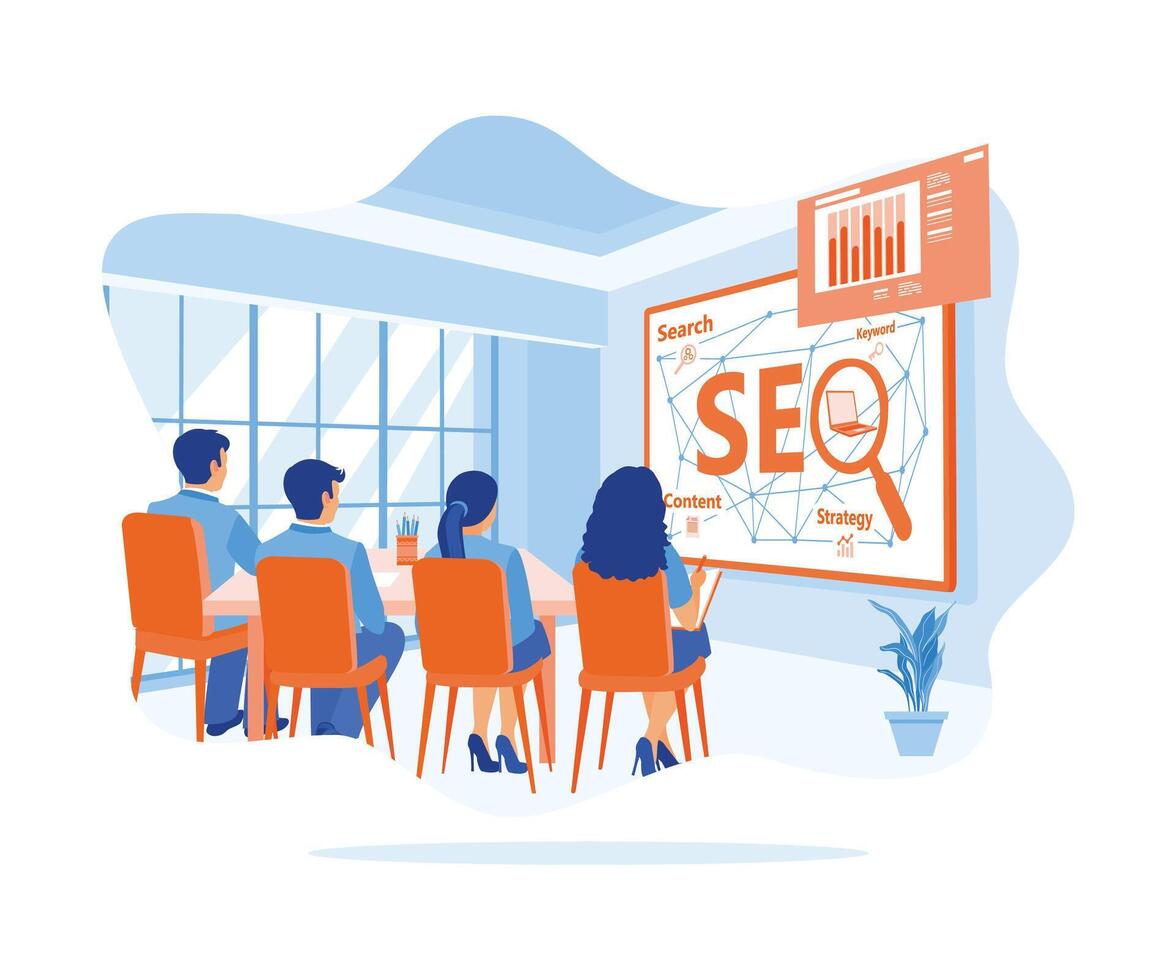 Office staff hold a presentation in the meeting room. We are optimizing SEO search engines for online retail businesses on virtual screens. SEO concept. Flat vector illustration.