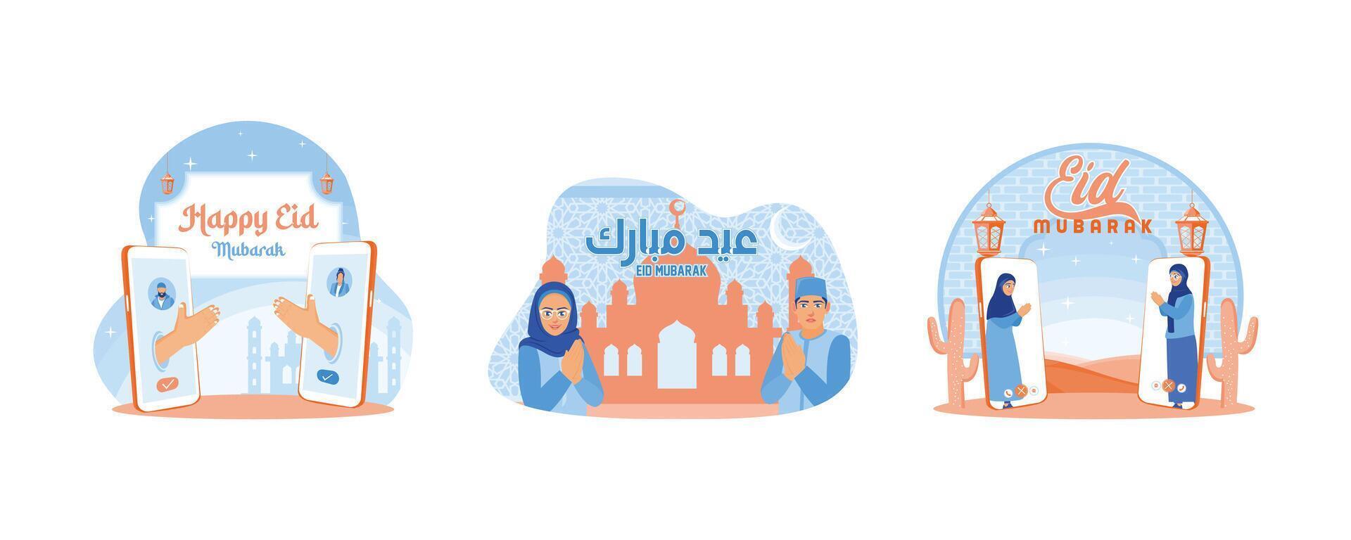 Friends making video calls on mobile phones. Muslim men and women welcome Eid al Fitr. Apologize to each other. Happy Eid Mubarak concept. Set flat vector illustration.