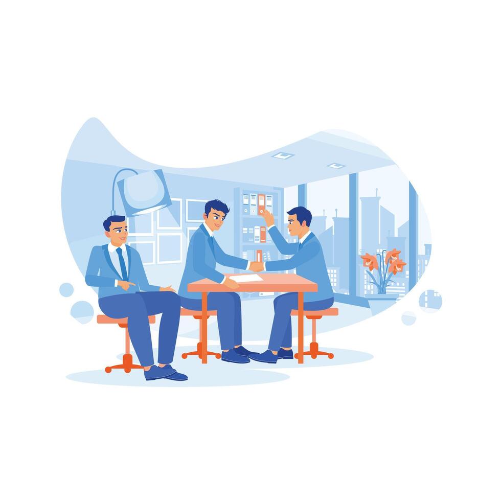 Business partners have a meeting in the office. Shake hands after reaching a mutual agreement. Employee Making concept. vector