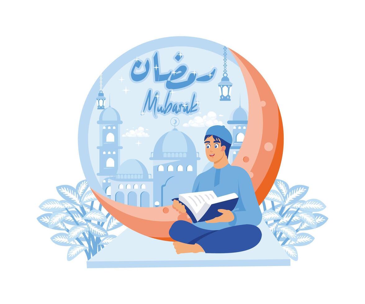 A teenage boy is reading the Quran on the carpet. The background is a mosque and a crescent moon. Ramadan Kareem concept. Flat vector illustration.