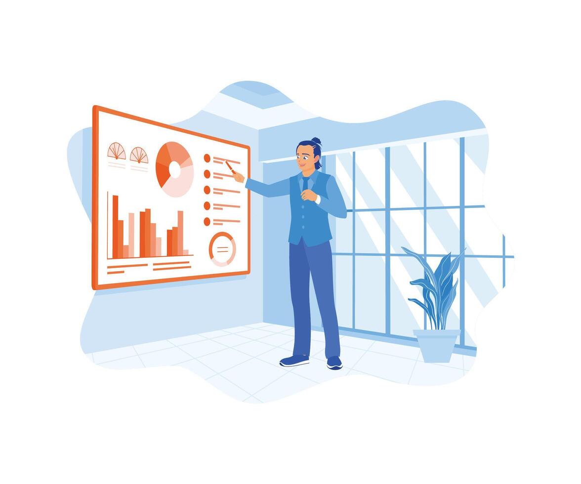 CEO muestra producto ventas datos para un equipo de inversores ingresos crecimiento grafico en el proyector pantalla. negocio análisis concepto. plano vector ilustración.