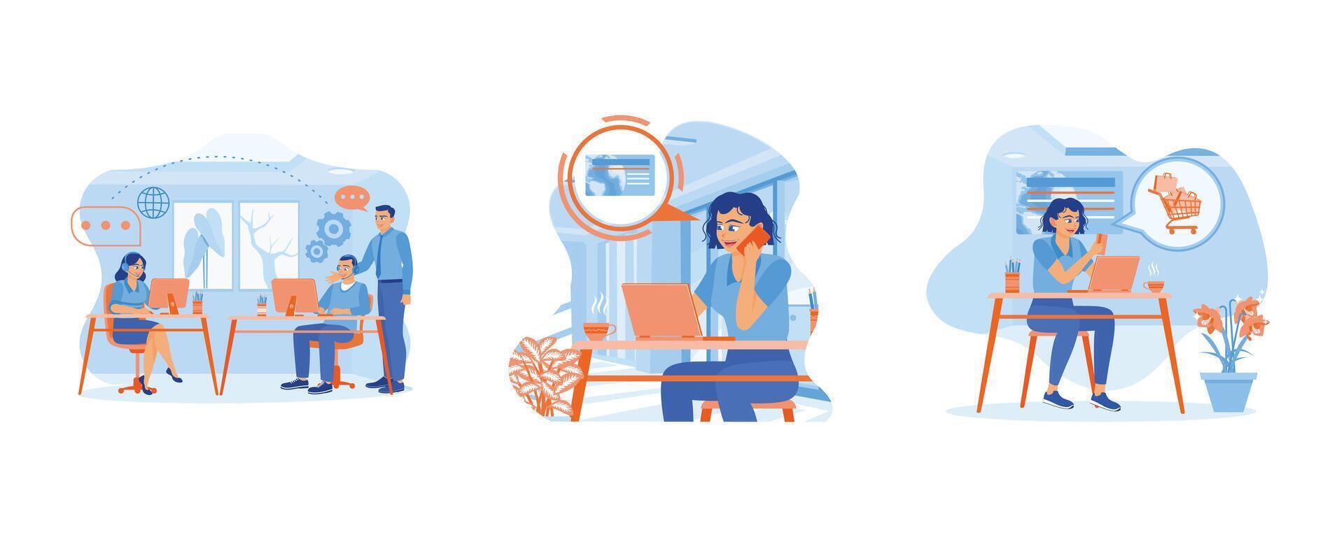Business people working in a call center. Calling customer service at office. Woman Excited for Online Shopping. Woman with phone calling to customer support service concept. vector