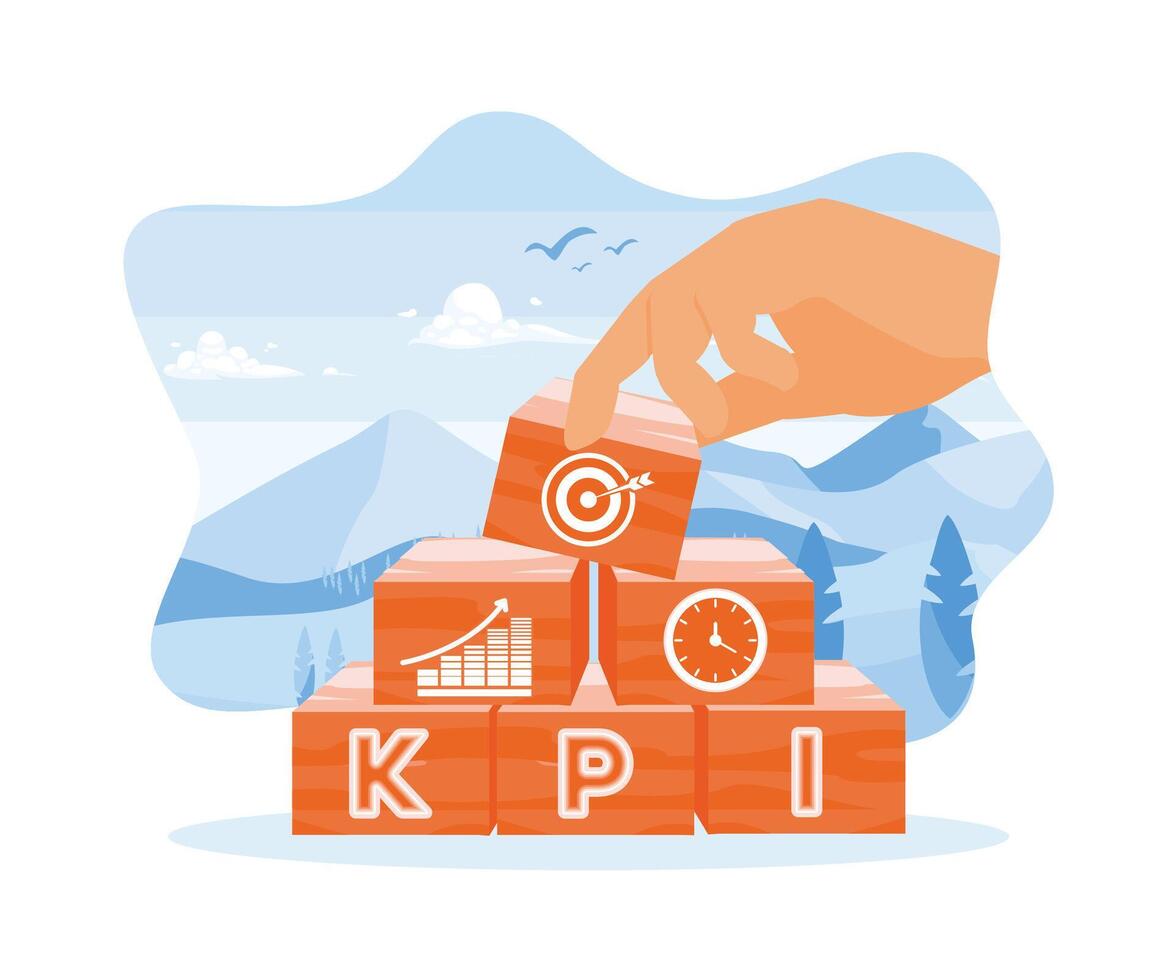 Hands are composing cubes with KPI icons. Plan and measure business success. KPI concept. flat vector modern illustration