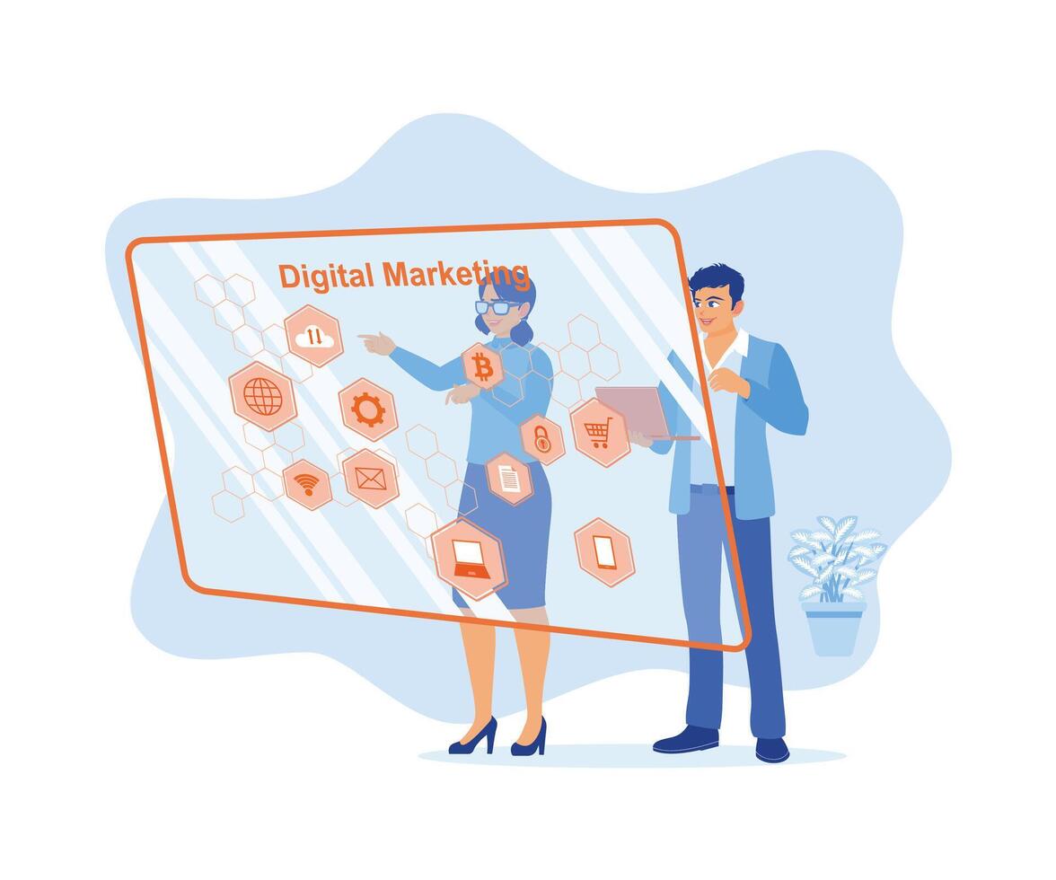 People in business using laptops to conceptualize marketing plans and strategies on virtual screens. Digital business concept. Flat vector illustration.