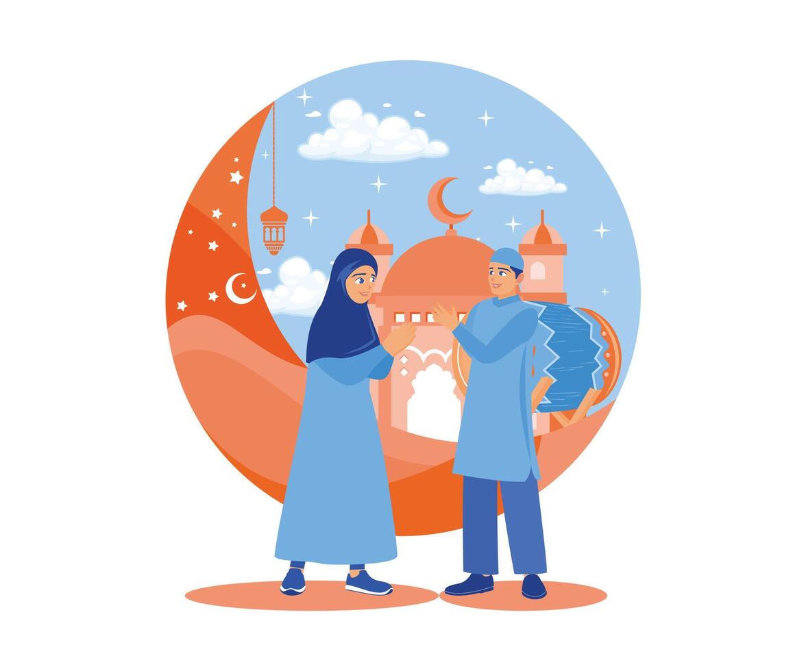 Muslim men and women celebrate Eid. Apologize to each other. Happy Eid Mubarak concept. flat vector modern illustration