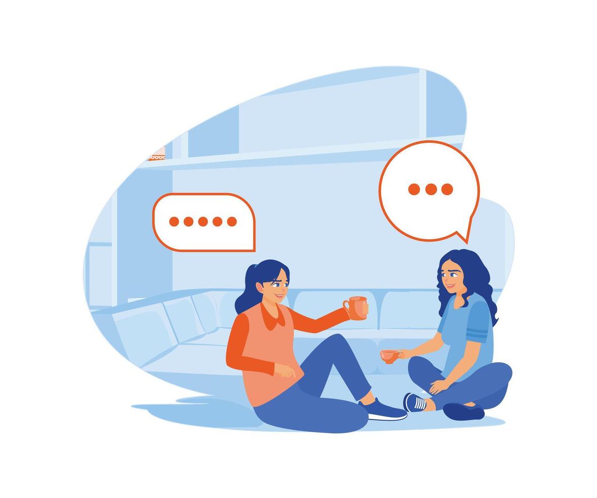 Two young women are discussing while drinking tea together. They sat on the floor in front of the sofa. Smiling woman friends drinking tea at home concept. Flat vector modern illustration.