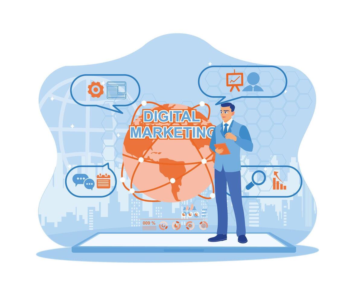 Entrepreneurs improve global marketing strategies using digital tablets. I am a man standing with globe and business icons as a background. Digital marketing networking on modern interface concept. vector
