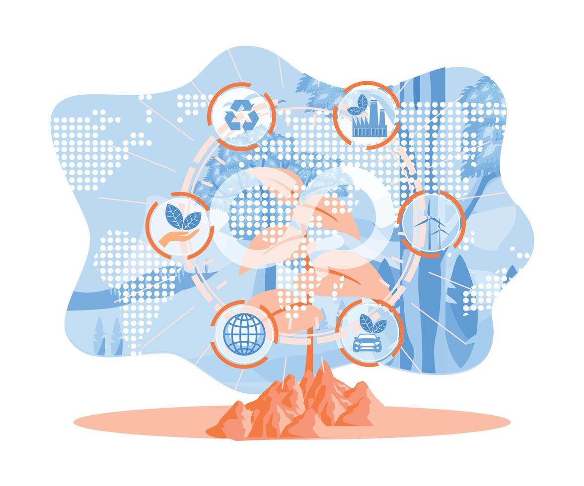 The circular economic icon on the tree. The economic concept of sustainable development in renewable energy. Sustainable economic growth with renewable energy and natural resources concept. vector