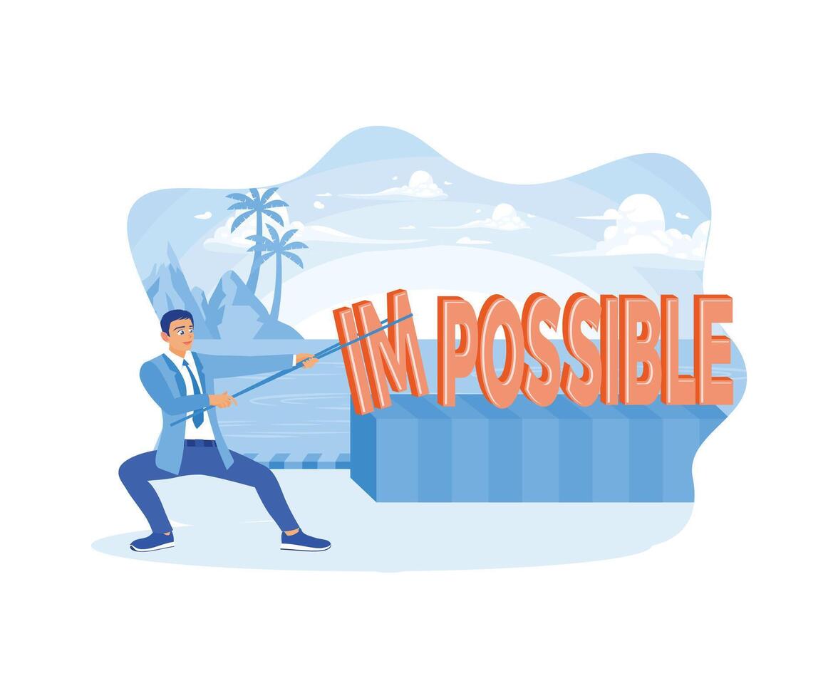 A middle-aged man standing on the beach. Pulling with all your might, the impossible becomes possible. Self-improvement concept. Flat vector illustration.