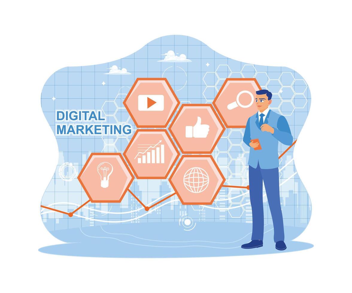 Businessman standing against digital marketing icons background. Digital marketing content planning advertising strategy. vector
