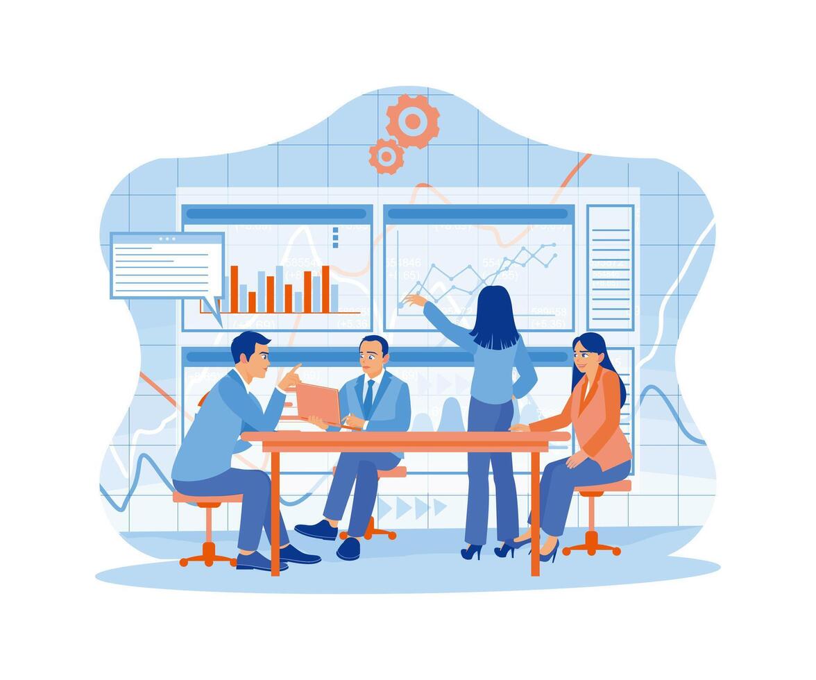 Business team discussing ideas for a startup. Female leader speaking at the board. A team of people is sitting at desks with laptops. flat vector modern illustration