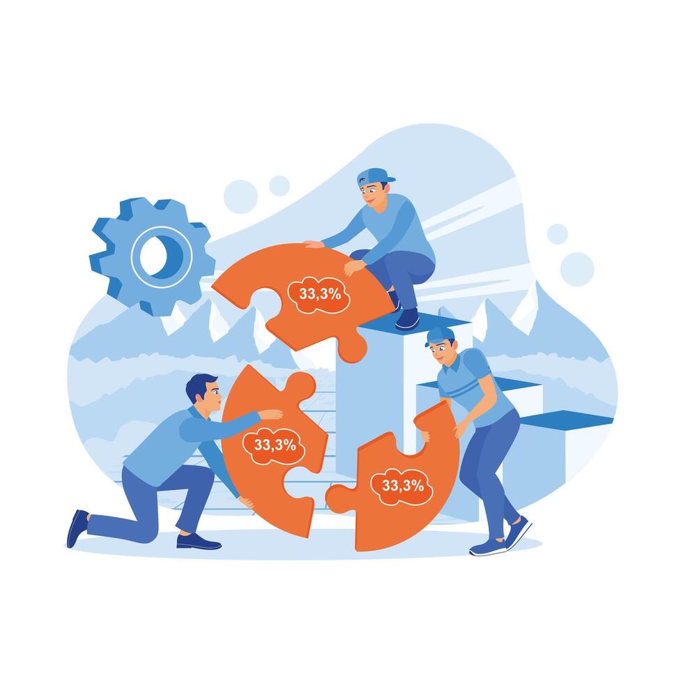 Three men connect a puzzle, symbolizing work statistics. Concept of teamwork and work motivation. Employee Making concept  trend flat vector modern illustration