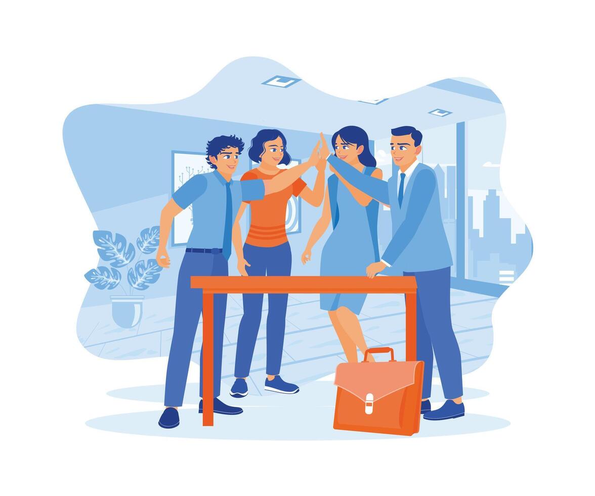 High five, business people and group together for teamwork. Solidarity and mission or motivation.Teamwork meeting concept. Flat vector illustration.