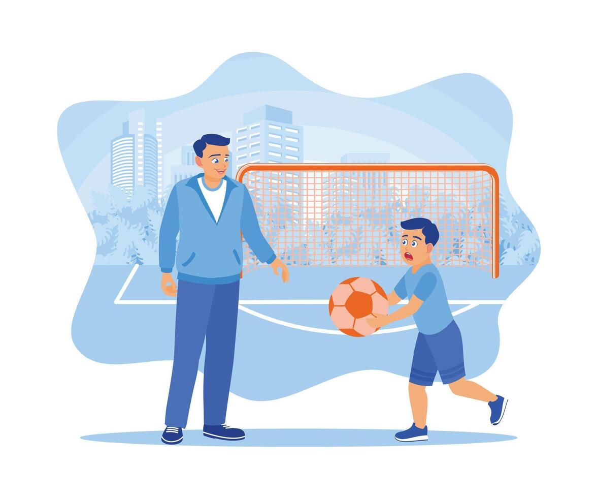 The father is playing football with his son on the field. Dad spent the weekend playing with his son. Childrens concept. Flat vector illustration.