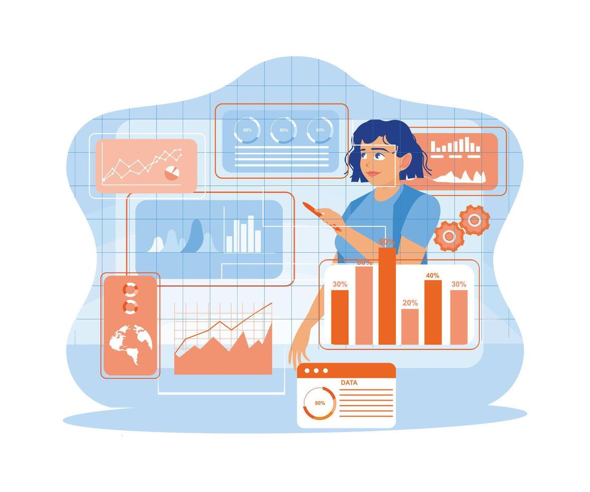 A young woman is standing in the data center room. Use digital business interfaces to analyze office marketing and finances. Finance and innovation concept. trend flat vector modern illustration