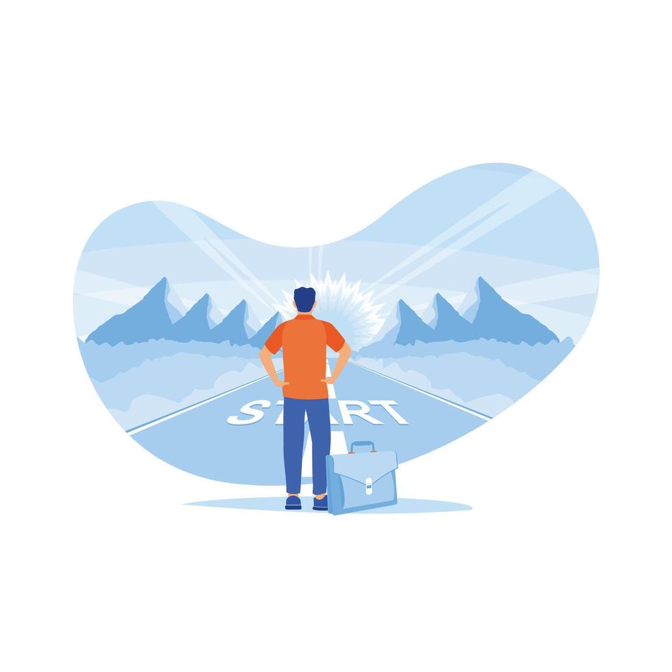 A man stands on the highway and says START. Get ready to start activities towards success. Career Development concept.  trend flat vector modern illustration