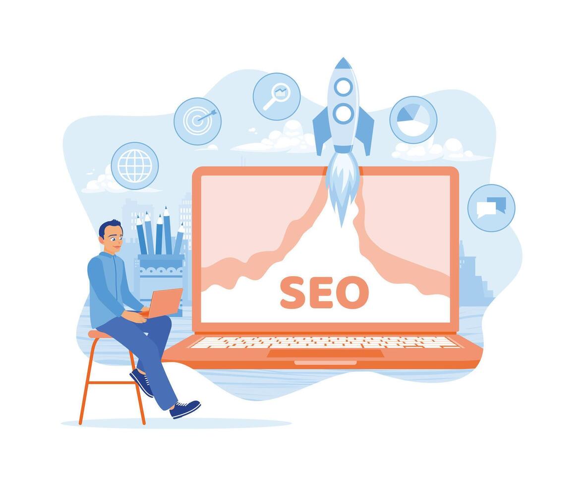 Man, optimize the SEO search engine using a laptop. The SEO rocket icon appears on the laptop screen. SEO concept. Flat vector illustration.