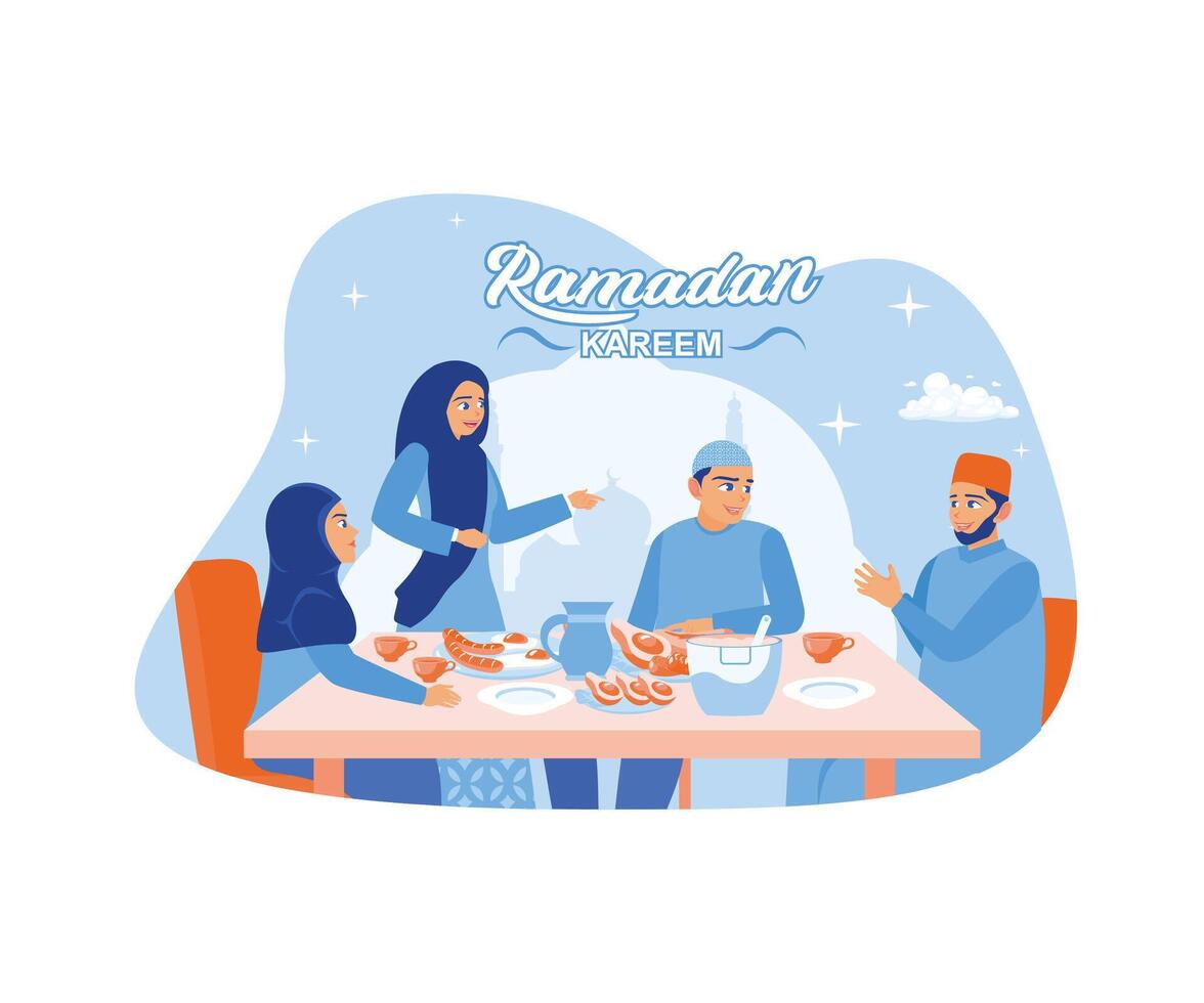 musulmán familias descanso el rápido juntos durante el mes de Ramadán. varios comidas son disponible en el comida mesa. Ramadán kareem concepto. plano vector moderno ilustración.