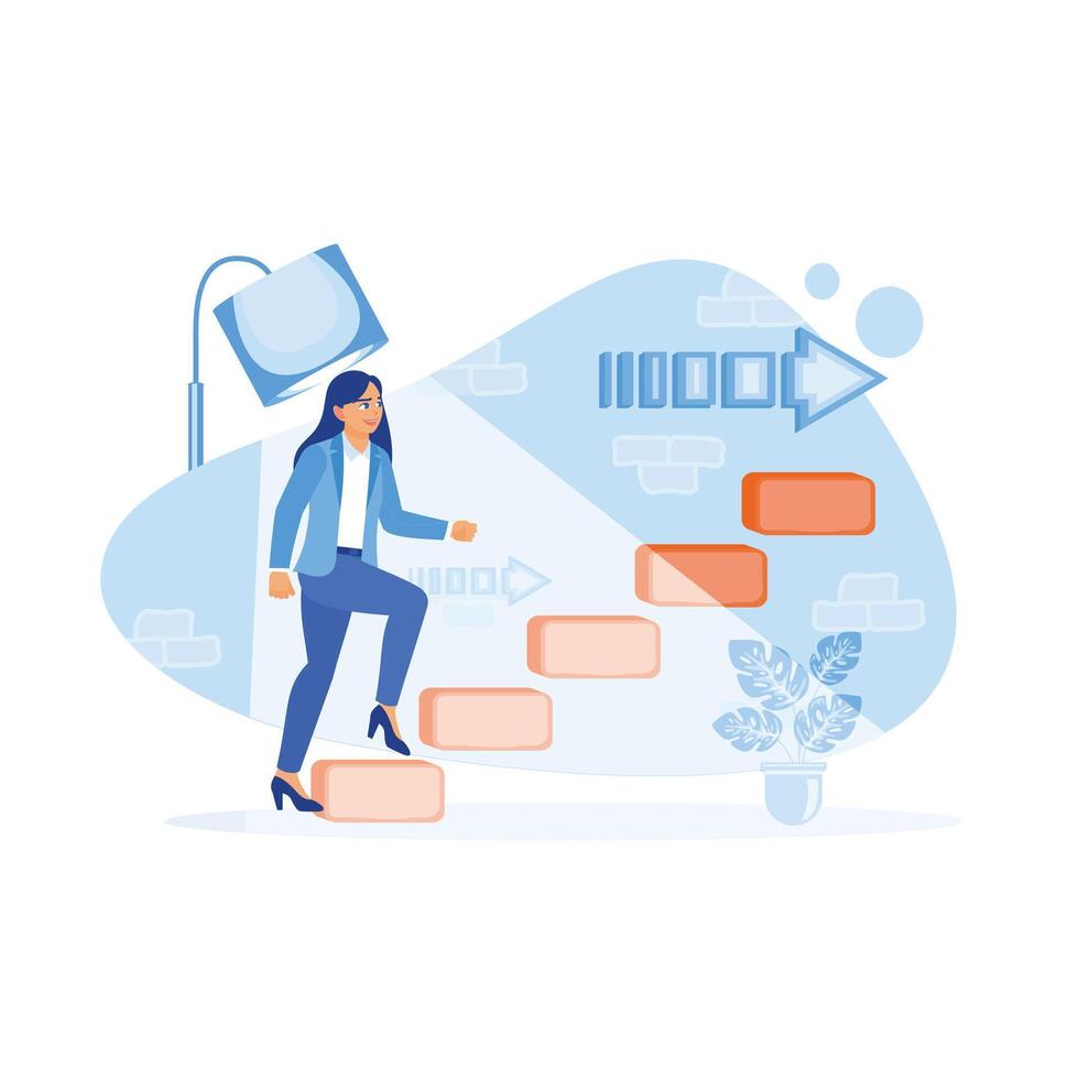 un joven mujer de negocios en el destacar alpinismo escalera con flechas en el pared. liderazgo y carrera desarrollo concepto. carrera desarrollo concepto. tendencia plano vector moderno ilustración