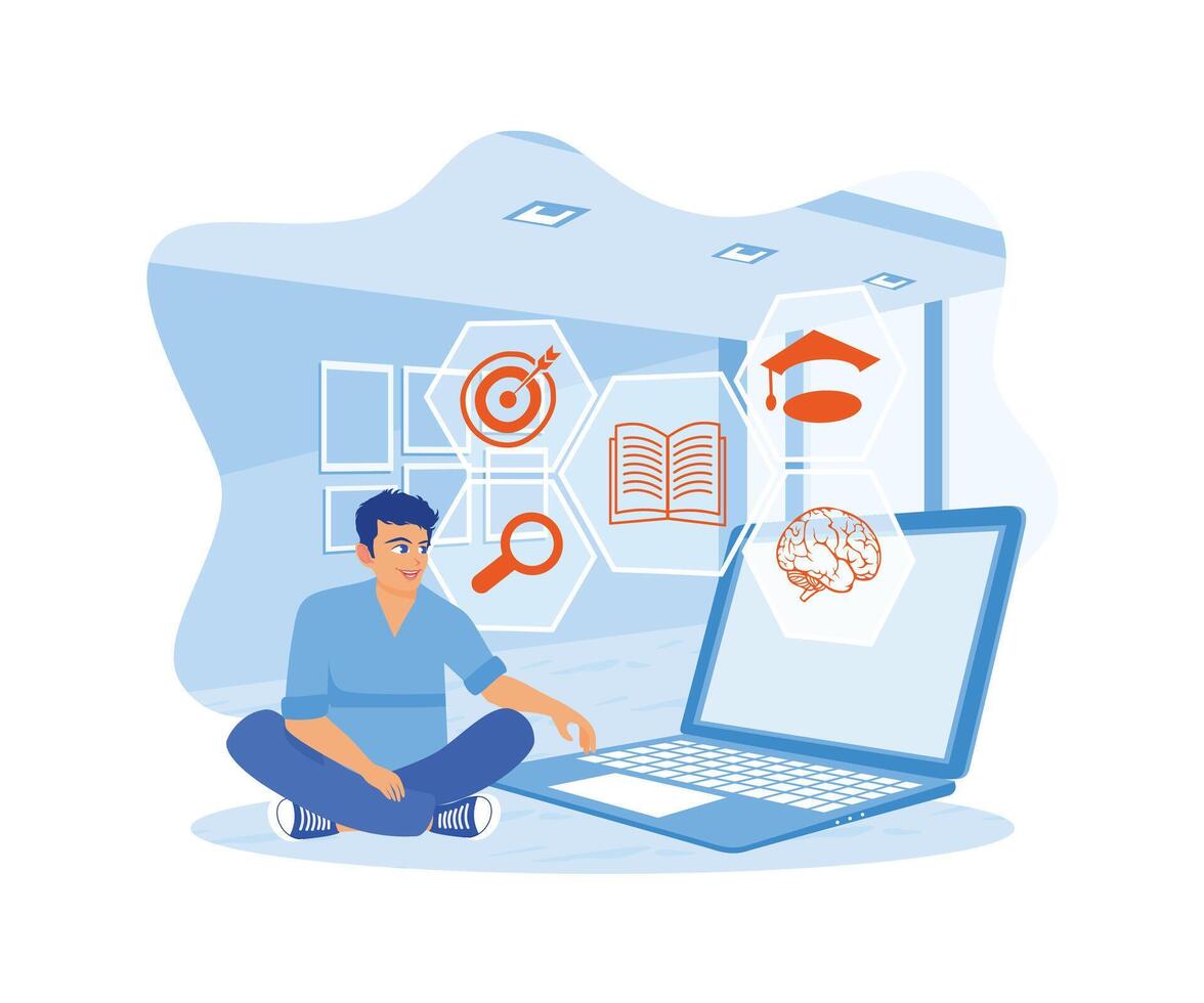 Man using a laptop to take online lessons from home. Education icons appear on the laptop screen. Education concept. Flat vector illustration.