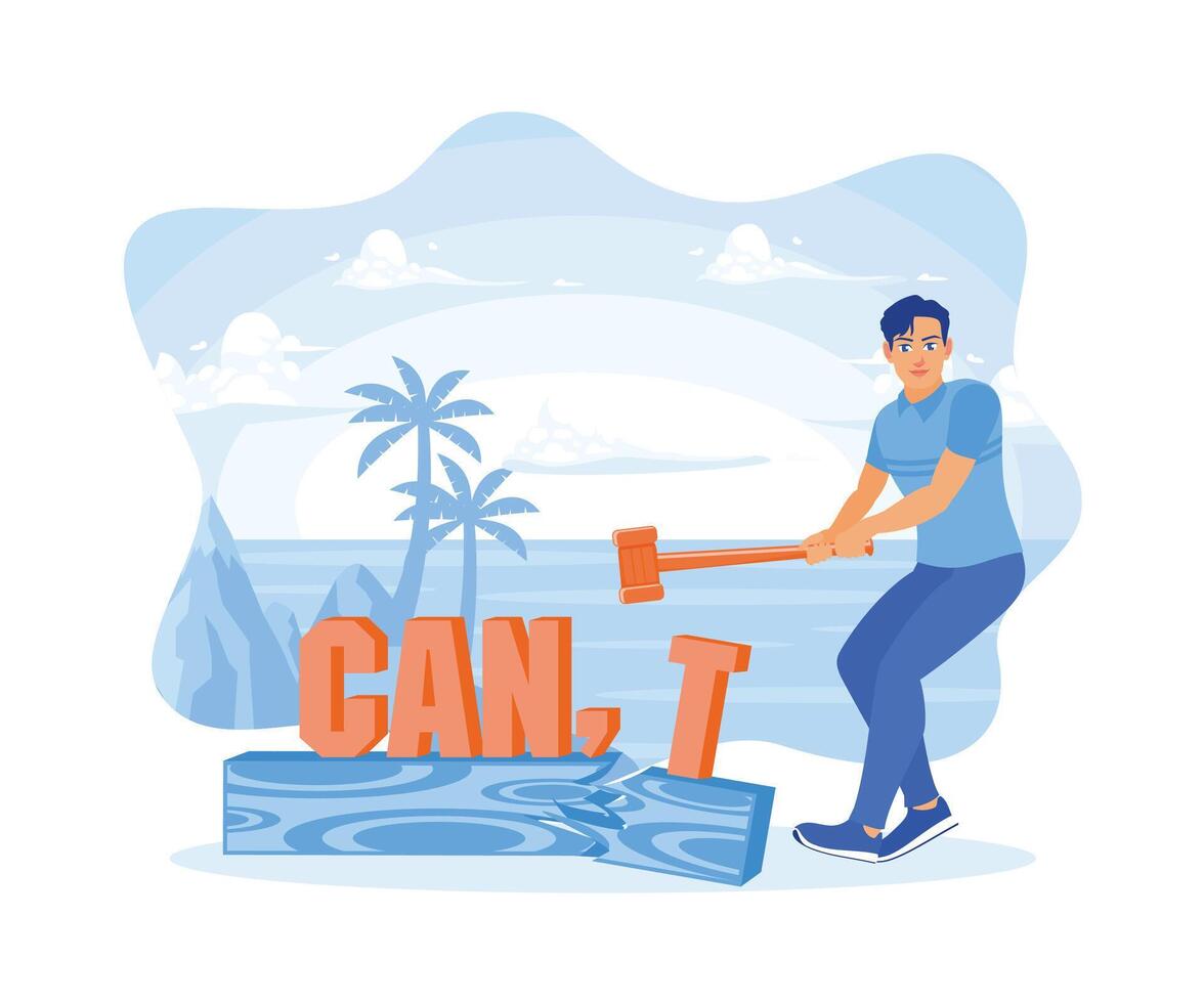 Man standing on the beach. Change the word can't to can, using a hammer. Self-improvement concept. Flat vector illustration.