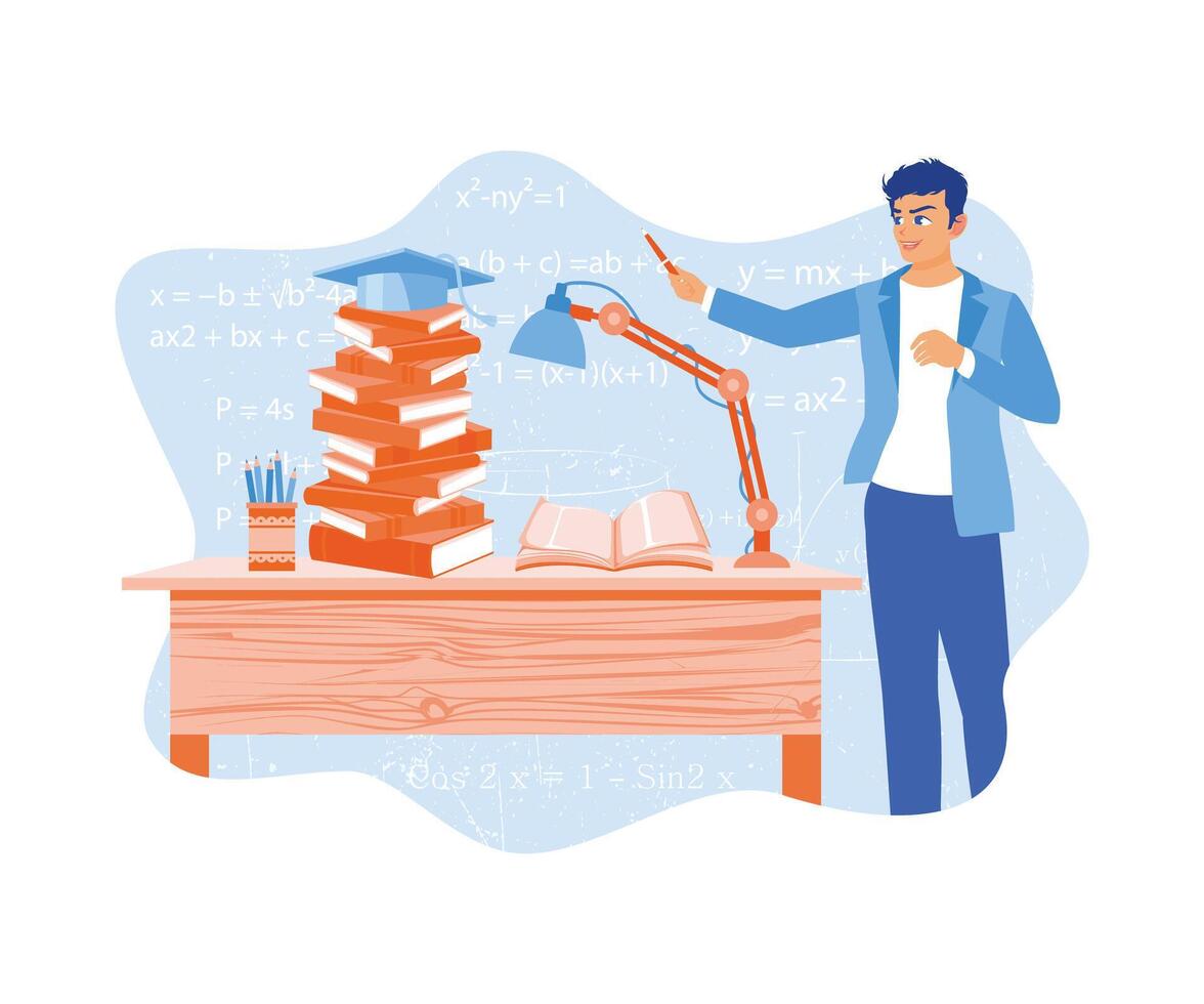 Graduation hat on a pile of books. Men study course material to achieve graduation. Education concept. flat vector modern illustration