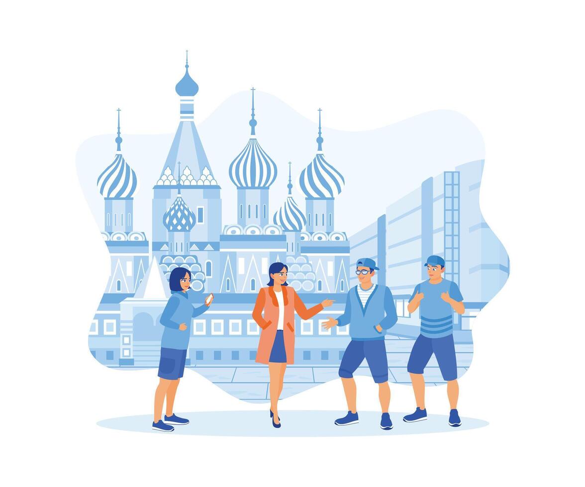 A girl works as a tour guide. Giving explanations to young tourists on a walking tour of Moscow. Tourist Guide concept. Trend Modern vector flat illustration