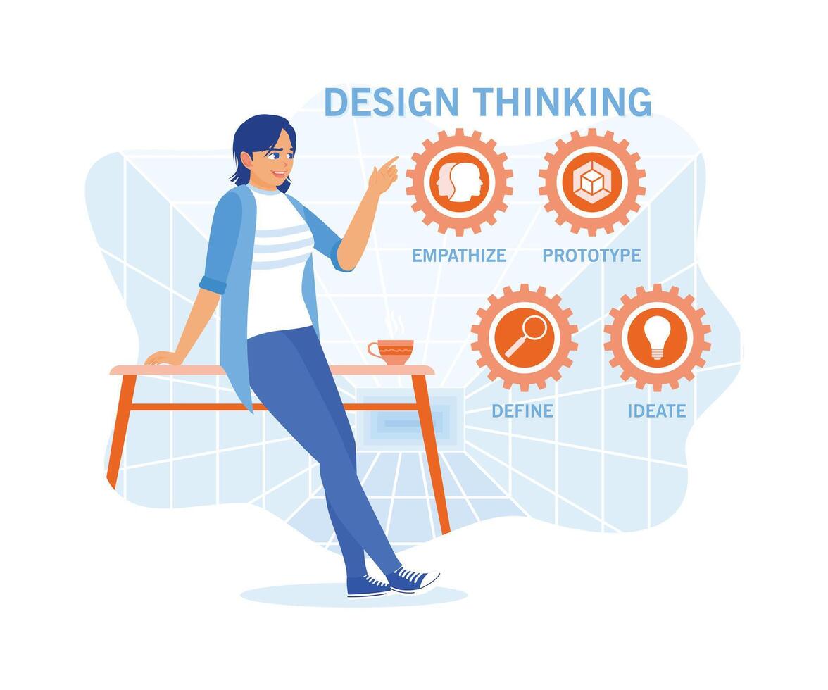 Young woman working in front of a virtual screen. The concept of design thinking in software development. APP device concept. flat vector modern illustration