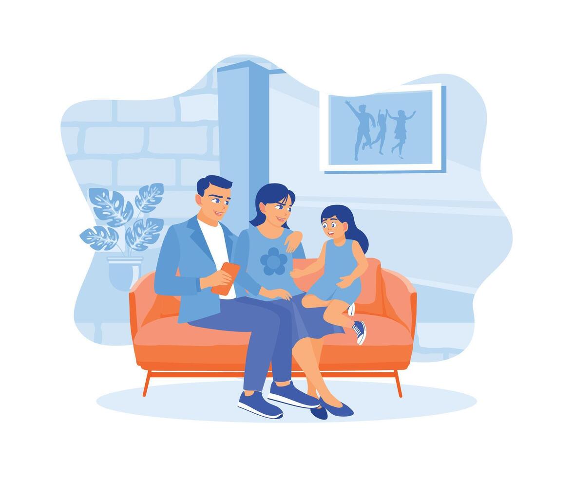 el padres y su pequeño hija son sentado juntos en el vivo habitación sofá. gastar gratis hora jugando juntos a hogar. un Pareja de feliz, gracioso padre conceptos. plano vector ilustración.