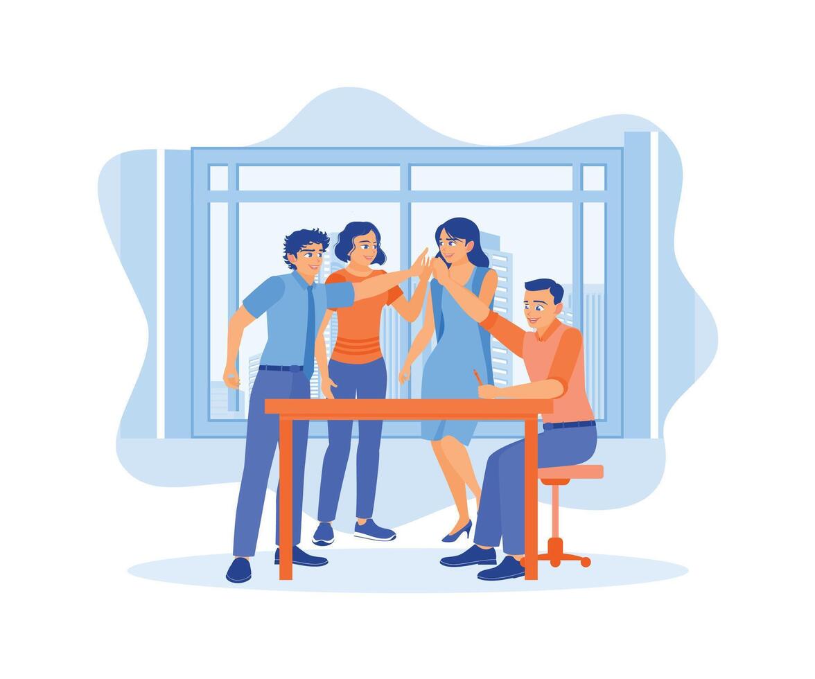 A group of young business people are giving high fives and having fun in the office. Happy business team, colleagues are rejoicing in the success concept. Flat vector illustration.