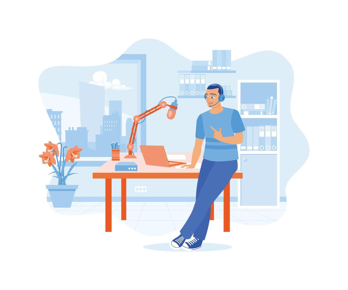 Content creators create their shows in their home studios using professional microphones and laptops. Content Creator concept. Flat vector illustration.