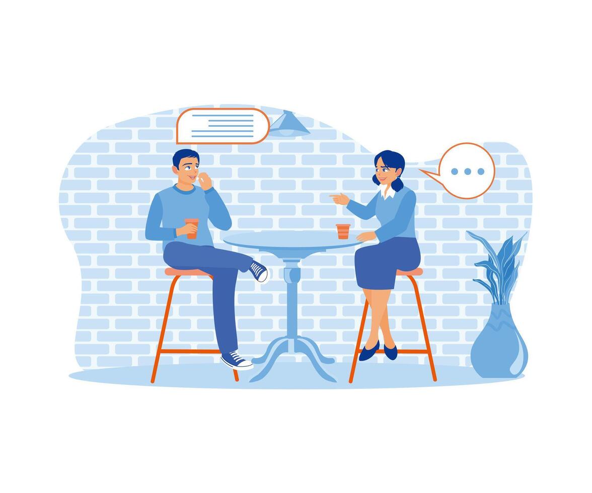 A happy man and woman are sitting at a cafe table. The couple is in love, chatting and drinking coffee. Smiling woman friends drinking tea flat vector modern illustration