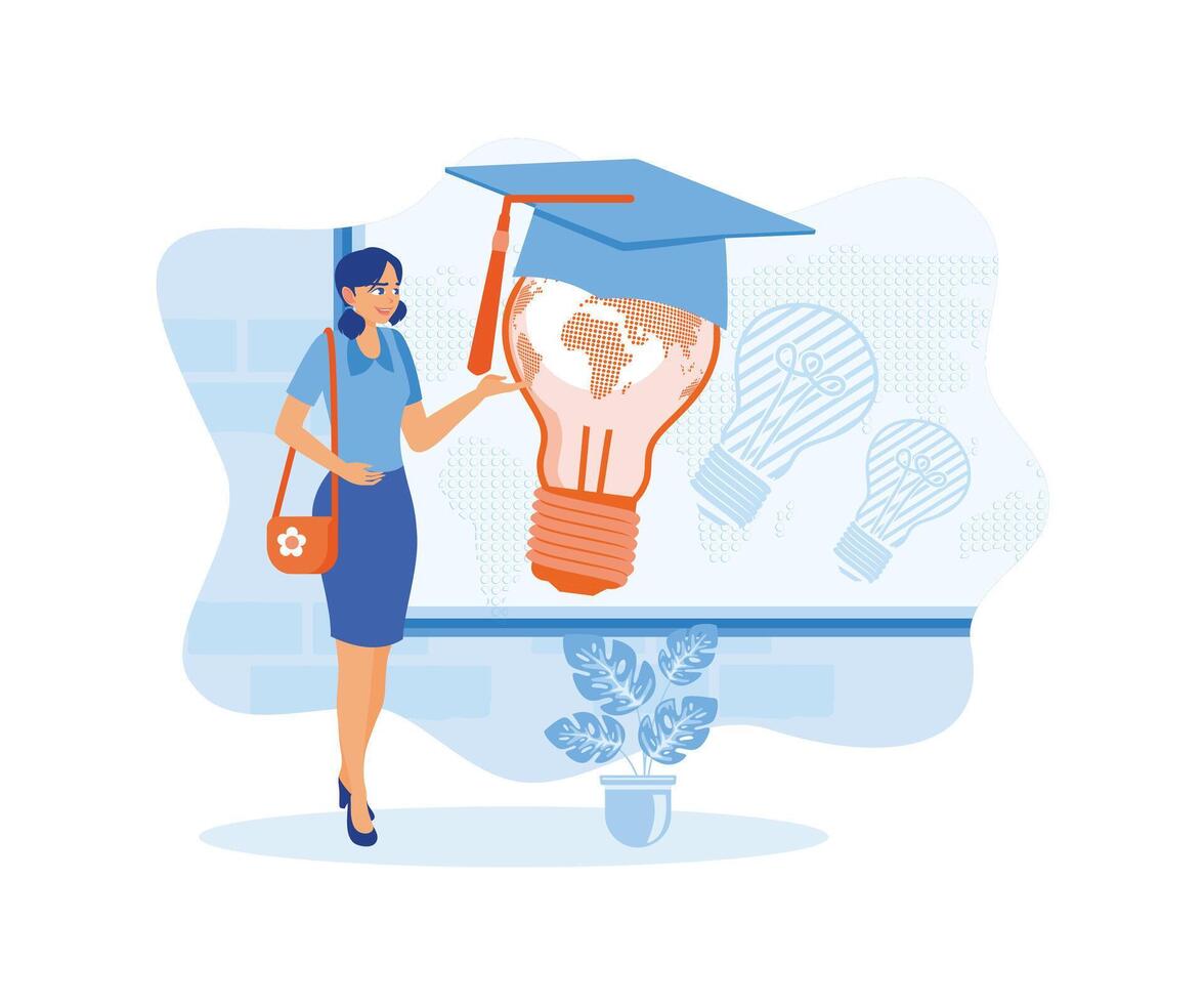 Innovation in the world of education. A young woman is standing in front of a blackboard with a picture of a light bulb with a graduation cap. Education concept. Flat vector illustration.