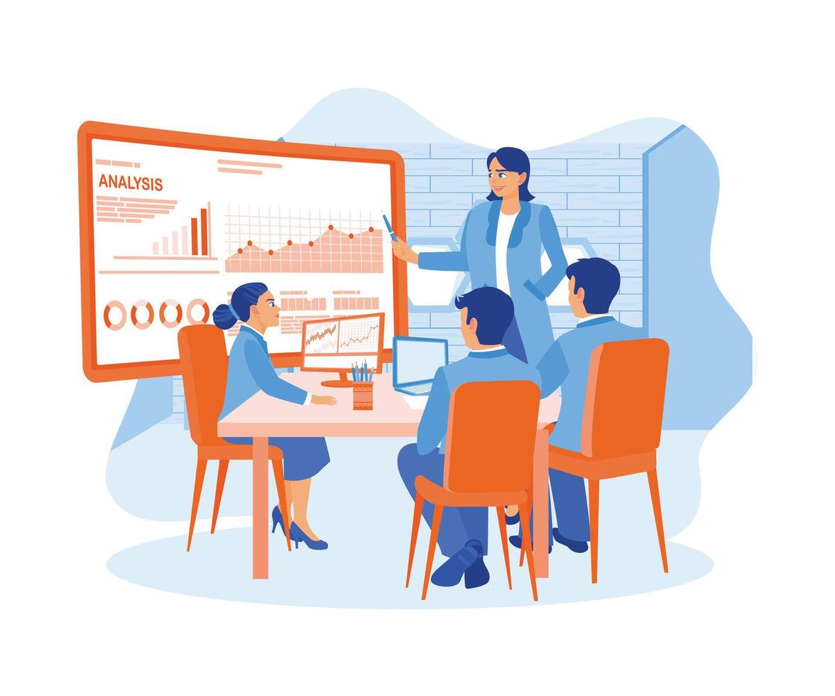 A female chief analyst is holding a presentation with a team of economists in the office using a projector screen. Business analysis concept. Flat vector illustration.
